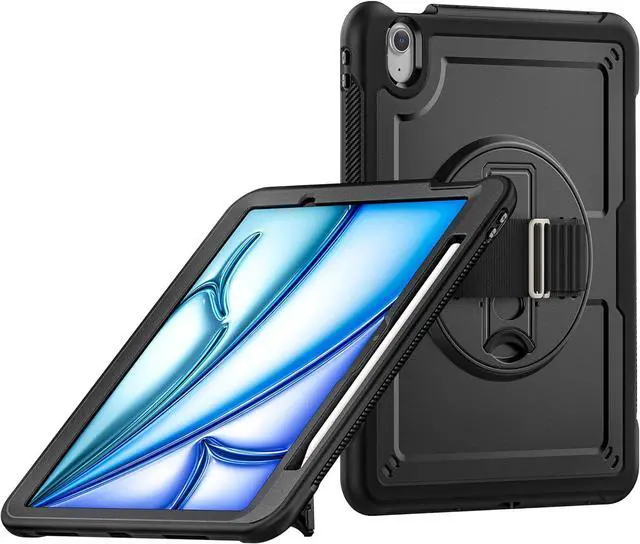 Main image of Case for iPad Air (2024) 11-inch M2 Chip Multilayered Rugged Durable Shockproof Tablet Cover with 360° Rotating Hand Strap Foldable Hidden Stand, Black