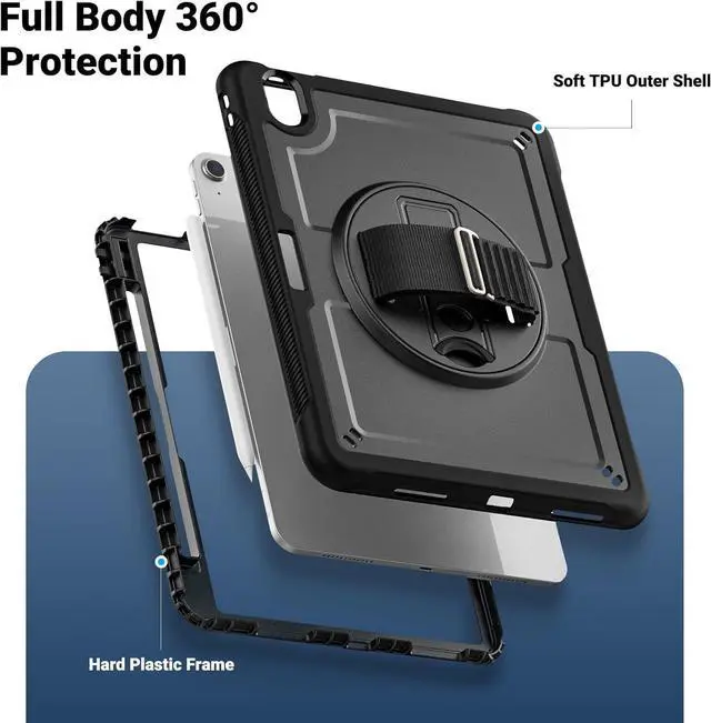 Alt view image 2 of 7 - Case for iPad Air (2024) 11-inch M2 Chip Multilayered Rugged Durable Shockproof Tablet Cover with 360° Rotating Hand Strap Foldable Hidden Stand, Black