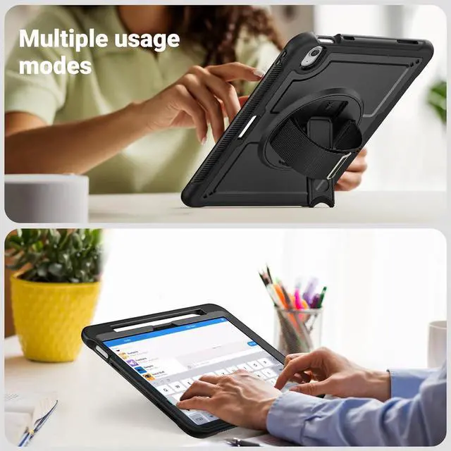 Alt view image 5 of 7 - Case for iPad Air (2024) 11-inch M2 Chip Multilayered Rugged Durable Shockproof Tablet Cover with 360° Rotating Hand Strap Foldable Hidden Stand, Black