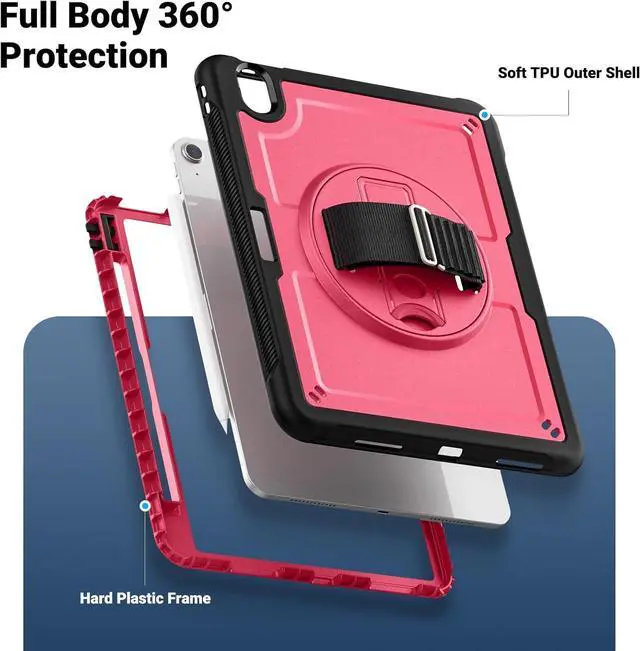 Alt view image 2 of 7 - Case for iPad Air (2024) 11-inch M2 Chip Multilayered Rugged Durable Shockproof Tablet Cover with 360° Rotating Hand Strap Foldable Hidden Stand, Pink