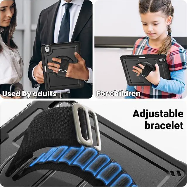 Alt view image 6 of 7 - Case for iPad Air (2024) 11-inch M2 Chip Multilayered Rugged Durable Shockproof Tablet Cover with 360° Rotating Hand Strap Foldable Hidden Stand, Black