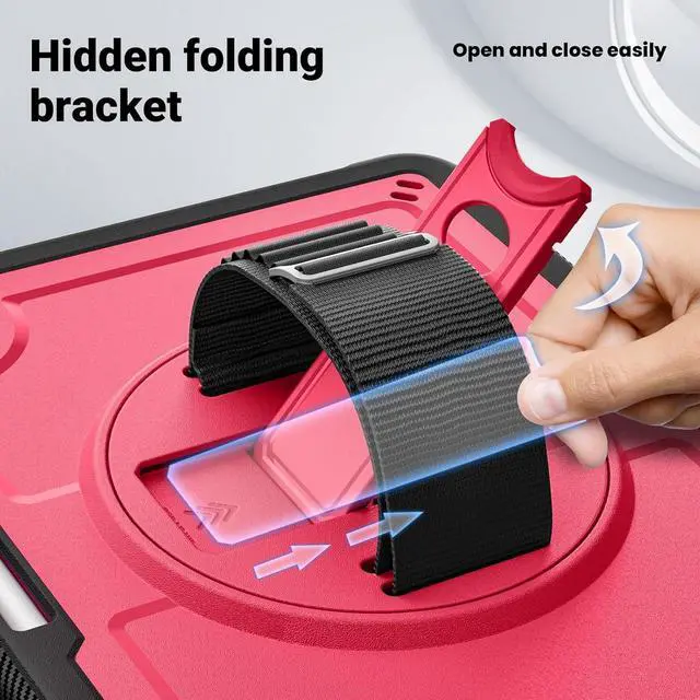 Alt view image 4 of 7 - Case for iPad Air (2024) 11-inch M2 Chip Multilayered Rugged Durable Shockproof Tablet Cover with 360° Rotating Hand Strap Foldable Hidden Stand, Pink