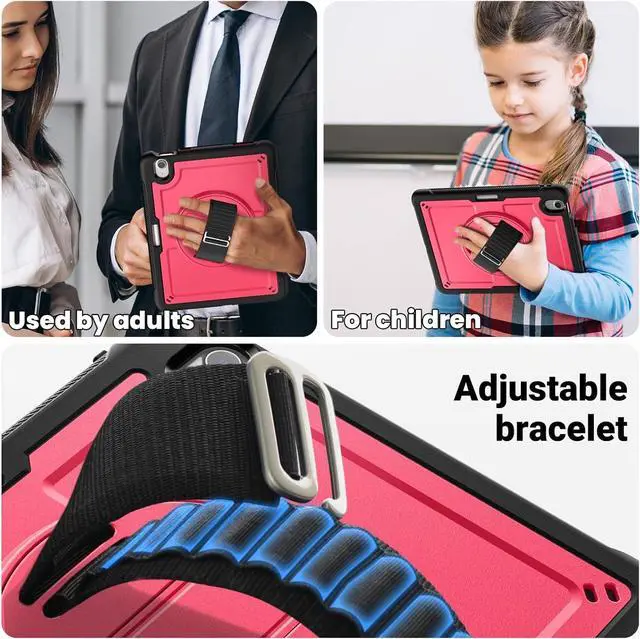 Alt view image 6 of 7 - Case for iPad Air (2024) 11-inch M2 Chip Multilayered Rugged Durable Shockproof Tablet Cover with 360° Rotating Hand Strap Foldable Hidden Stand, Pink
