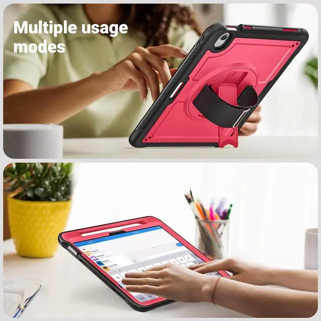 Alt view image 5 of 7 - Case for iPad Air (2024) 11-inch M2 Chip Multilayered Rugged Durable Shockproof Tablet Cover with 360° Rotating Hand Strap Foldable Hidden Stand, Pink