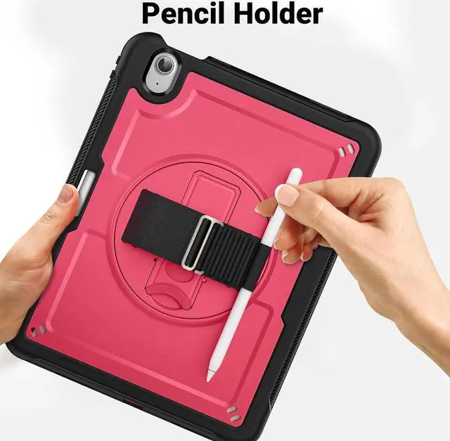 Alt view image 7 of 7 - Case for iPad Air (2024) 11-inch M2 Chip Multilayered Rugged Durable Shockproof Tablet Cover with 360° Rotating Hand Strap Foldable Hidden Stand, Pink