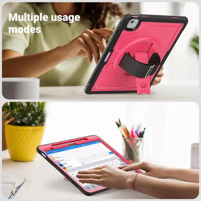 Alt view image 5 of 7 - Case for iPad Air (2024) 13-inch M2 Chip Multilayered Rugged Durable Shockproof Tablet Cover with 360° Rotating Hand Strap Foldable Hidden Stand, Pink
