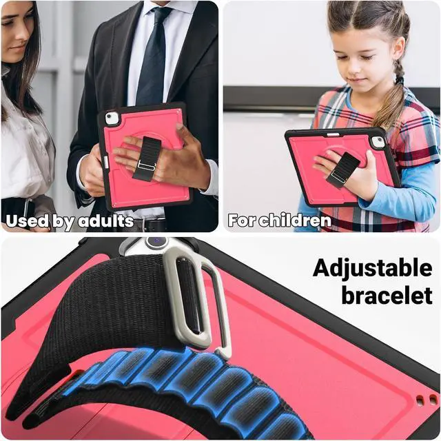 Alt view image 6 of 7 - Case for iPad Air (2024) 13-inch M2 Chip Multilayered Rugged Durable Shockproof Tablet Cover with 360° Rotating Hand Strap Foldable Hidden Stand, Pink