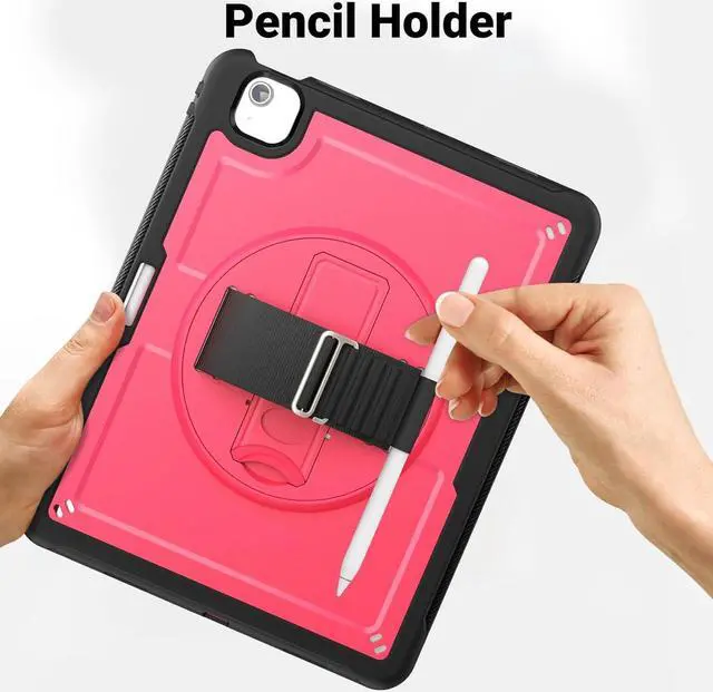 Alt view image 7 of 7 - Case for iPad Air (2024) 13-inch M2 Chip Multilayered Rugged Durable Shockproof Tablet Cover with 360° Rotating Hand Strap Foldable Hidden Stand, Pink