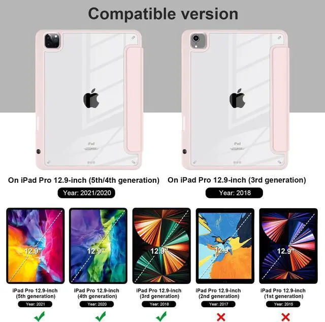Alt view image 2 of 7 - Hybrid Case for iPad Pro 12.9-inch 2022 M2 2021 5th / iPad Pro 12.9" 4th/3rd Gen [Built-in Pencil Holder] Shockproof Cover with Clear Back Shell TPU Bumper, Pink