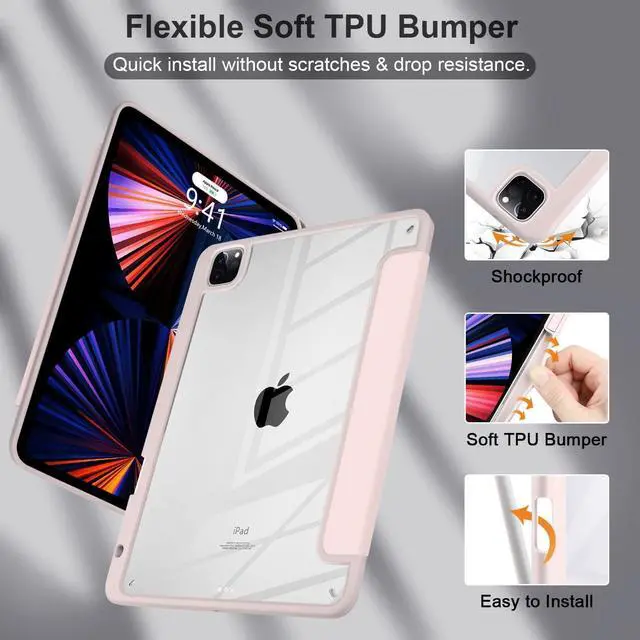 Alt view image 6 of 7 - Hybrid Case for iPad Pro 12.9-inch 2022 M2 2021 5th / iPad Pro 12.9" 4th/3rd Gen [Built-in Pencil Holder] Shockproof Cover with Clear Back Shell TPU Bumper, Pink