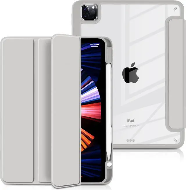 Main image of Hybrid Case for iPad Pro 12.9-inch 2022 M2 2021 5th / iPad Pro 12.9" 4th/3rd Gen [Built-in Pencil Holder] Shockproof Cover with Clear Back Shell TPU Bumper, Grey