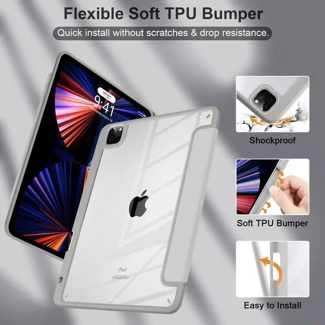 Alt view image 6 of 7 - Hybrid Case for iPad Pro 12.9-inch 2022 M2 2021 5th / iPad Pro 12.9" 4th/3rd Gen [Built-in Pencil Holder] Shockproof Cover with Clear Back Shell TPU Bumper, Grey