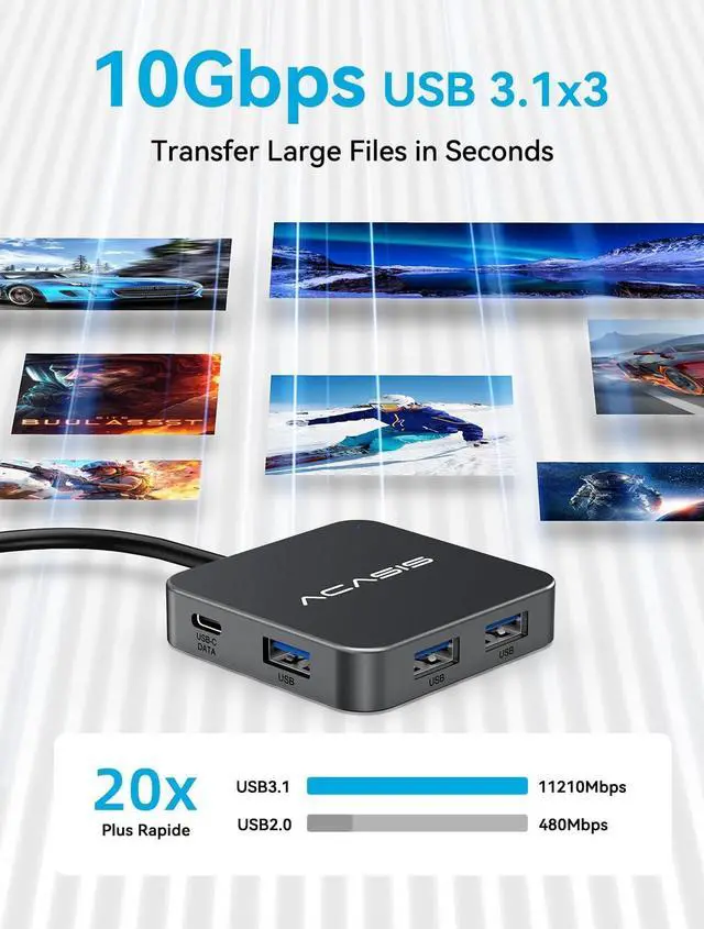 Alt view image 4 of 7 - USB C Hub Long Cable 4FT 10Gbps Multiport Adapter with 4K 60Hz HDMI 100W Power Delivery 3 USB A3.1+1 USB-C 3.1 Data Port USB C to HDMI Adapter for MacBook   Surface iPad PRO