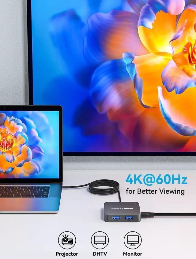 Alt view image 5 of 7 - USB C Hub Long Cable 4FT 10Gbps Multiport Adapter with 4K 60Hz HDMI 100W Power Delivery 3 USB A3.1+1 USB-C 3.1 Data Port USB C to HDMI Adapter for MacBook   Surface iPad PRO