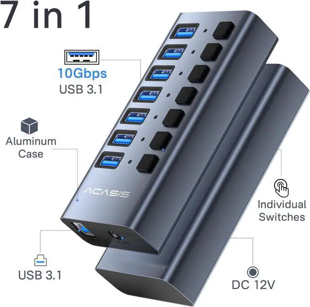 Alt view image 2 of 7 - Powered USB 3.1 Hub, ACASIS 7 Ports USB 3.1 Hub with 10Gbps Data SpeedAluminum Housing, USB Hub Powered with 24W Power Adapter, USB Hub for PC/Laptop, Computer, Flash Drive, Printer, Camera