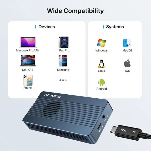 Alt view image 6 of 7 - ACASIS 40Gbps M.2 NVMe SSD Enclosure, with Cooling Fan, TBU 405 Pro for M1 M2 Pro/Max, Compatible with Thunderbolt 4/3/USB3.2/3.1/3.0/2.0, M.2 Enclosure Support SSD 2280/2260/2242/2230 B+M M-Key