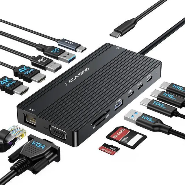 Main image of USB C Docking Station Dual HDMI Monitor, Laptop Docking Station 3 Monitors, 2 * 4K HDMI+1080p VGA+100W PD+Ethernet+3 USBC 10Gbps+SD/TF+Audio Adapter, USB C Hub for Dell/Lenovo/HP/ThinkPad(Black)