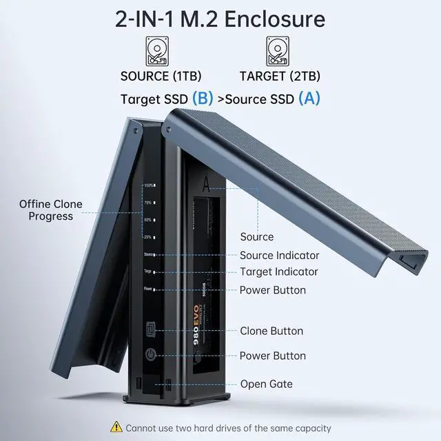 Alt view image 5 of 6 - M.2 NVMe SSD Cloner, Dual-Bay Offline Duplicator with Cooling Fan, USB C to M.2 Cloner, Pcle Size 2230/2242/2260/2280 Compatible (Grey)