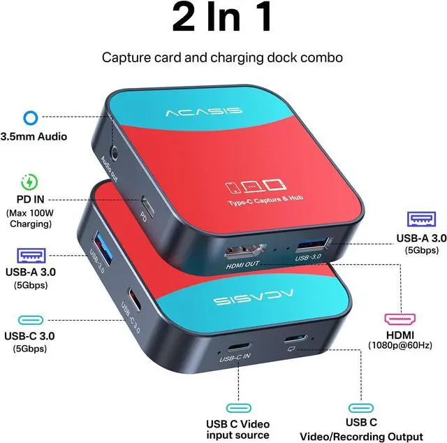Alt view image 3 of 7 - Capture Card for Nintendo Switch, ACASIS Capture Card & Docking Station 2-in-1, 1080P 60FPS Video Capture Card for Nintendo/Streaming/Meeting, 2*USB-A 3.0 (USB c Capture Card)
