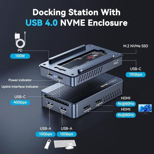 Alt view image 2 of 7 - ACASIS 40Gbps M.2 NVMe SSD Enclosure, Mac mini Dock Dual Monitor, USBC Hub with Cooling Fan,2 * 4K@60HZ, 2*USBA-10G, 1*USBC-10G,PD 100W, Works for M1/M2,Support SSD 2280/2260/2242/2230 B+M M-Key