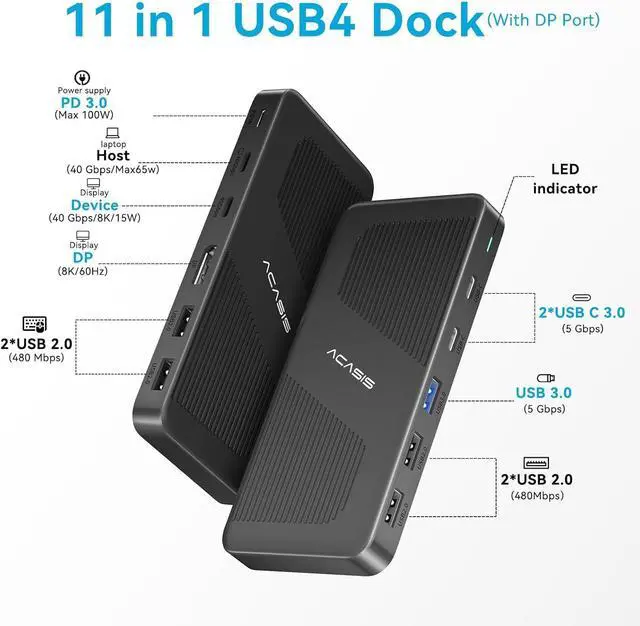 Alt view image 2 of 7 - ACASIS Thunderbolt 4 Dock - with DP Port, PD 100W, 40Gb/s Thunderbolt 4, USB C/A, Laptop Docking Station Dual Monitor Single 8K or Dual 6K Display for Windows and Mac, Works with Thunderbolt 3/4