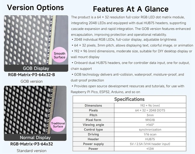 Alt view image 3 of 7 - 2048 RGB Full-Color LED Matrix Panel, 3mm Pitch, 64 × 32 Pixels Display Screen Compatible with Raspberry Pi 5/4B/Zero 2W/Zero/ Pico 2W /Pico 2W, ESP32, Support Adjustable Brightness,GOB-Waterproof