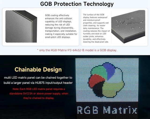 Alt view image 4 of 7 - 2048 RGB Full-Color LED Matrix Panel, 3mm Pitch, 64 × 32 Pixels Display Screen Compatible with Raspberry Pi 5/4B/Zero 2W/Zero/ Pico 2W /Pico 2W, ESP32, Support Adjustable Brightness,GOB-Waterproof