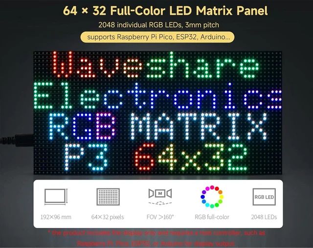 Alt view image 2 of 7 - 2048 RGB Full-Color LED Matrix Panel, 3mm Pitch, 64 × 32 Pixels Display Screen Compatible with Raspberry Pi 5/4B/Zero 2W/Zero/ Pico 2W /Pico 2W, ESP32, Support Adjustable Brightness,GOB-Waterproof