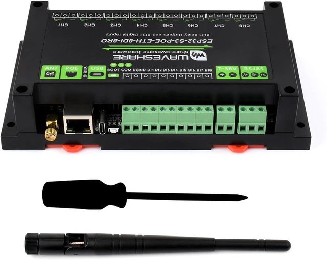 Main image of Industrial 8-Channel ESP32-S3 WiFi Relay Module, Xtensa 32-bit LX7 Dual-Core Processor, Onboard Isolated RS485 Interface +8-CH Digital Inputs + 8-CH Relays +PoE Network Port, Supports WiFi/BT