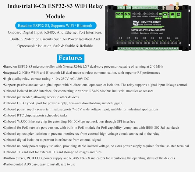 Alt view image 2 of 7 - Industrial 8-Channel ESP32-S3 WiFi Relay Module, Xtensa 32-bit LX7 Dual-Core Processor, Onboard Isolated RS485 Interface +8-CH Digital Inputs + 8-CH Relays +PoE Network Port, Supports WiFi/BT
