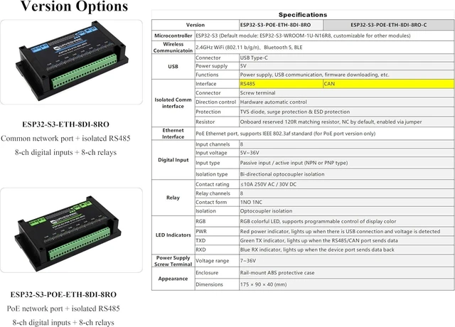 Alt view image 3 of 7 - Industrial 8-Channel ESP32-S3 WiFi Relay Module, Xtensa 32-bit LX7 Dual-Core Processor, Onboard Isolated RS485 Interface +8-CH Digital Inputs + 8-CH Relays +PoE Network Port, Supports WiFi/BT