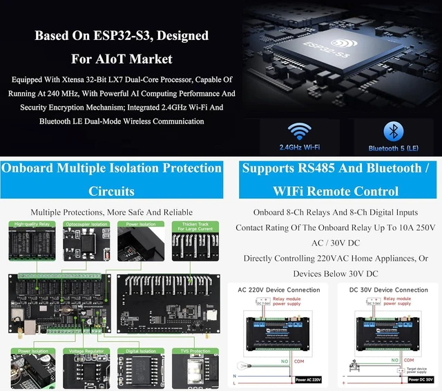 Alt view image 4 of 7 - Industrial 8-Channel ESP32-S3 WiFi Relay Module, Xtensa 32-bit LX7 Dual-Core Processor, Onboard Isolated RS485 Interface +8-CH Digital Inputs + 8-CH Relays +PoE Network Port, Supports WiFi/BT