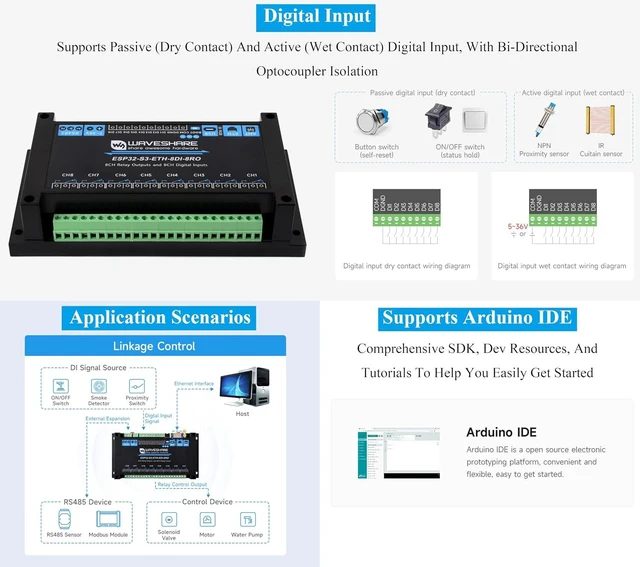 Alt view image 5 of 7 - Industrial 8-Channel ESP32-S3 WiFi Relay Module, Xtensa 32-bit LX7 Dual-Core Processor, Onboard Isolated RS485 Interface +8-CH Digital Inputs + 8-CH Relays +PoE Network Port, Supports WiFi/BT