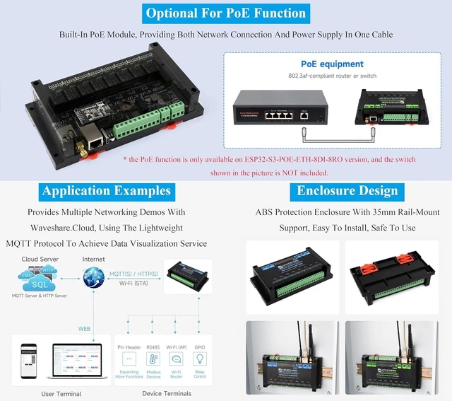 Alt view image 6 of 7 - Industrial 8-Channel ESP32-S3 WiFi Relay Module, Xtensa 32-bit LX7 Dual-Core Processor, Onboard Isolated RS485 Interface +8-CH Digital Inputs + 8-CH Relays +PoE Network Port, Supports WiFi/BT