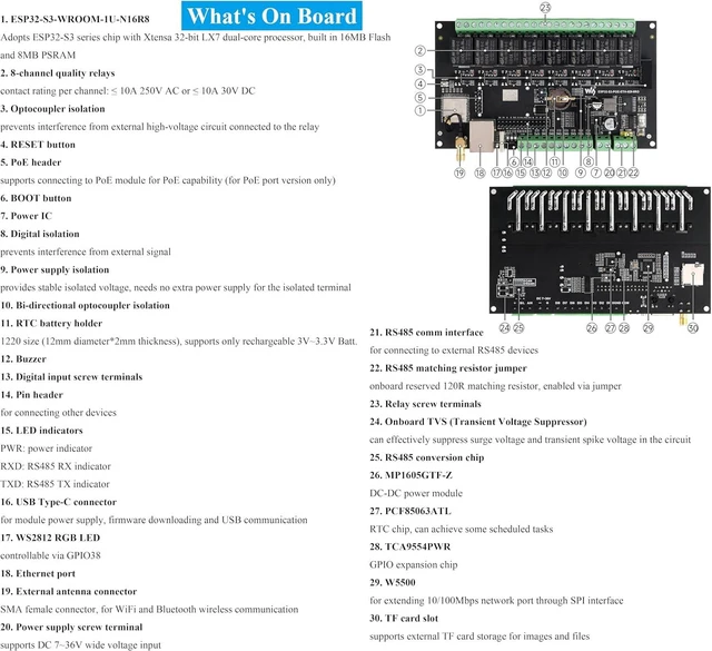 Alt view image 7 of 7 - Industrial 8-Channel ESP32-S3 WiFi Relay Module, Xtensa 32-bit LX7 Dual-Core Processor, Onboard Isolated RS485 Interface +8-CH Digital Inputs + 8-CH Relays +PoE Network Port, Supports WiFi/BT