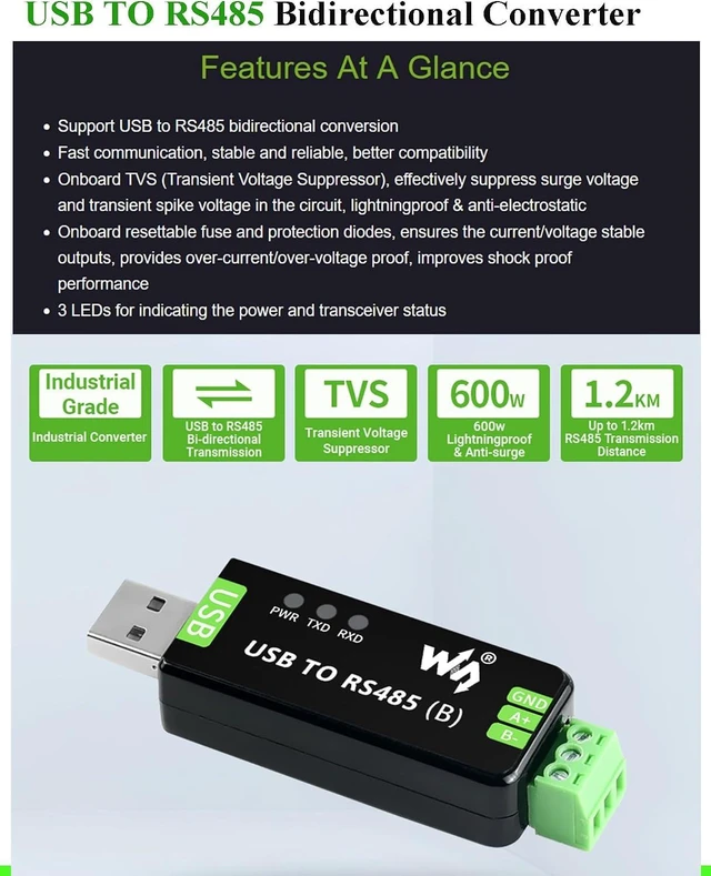 Alt view image 2 of 7 - Industrial USB to RS485 Converter Bidirectional Adapter Board, Original CH343G and SP485EEN Chip Onboard TVS/Resettable Fuse Protection Circuits, Transmission Distance up to 1.2km