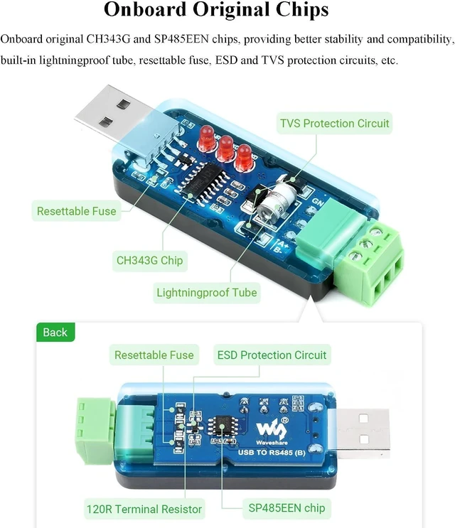Alt view image 3 of 7 - Industrial USB to RS485 Converter Bidirectional Adapter Board, Original CH343G and SP485EEN Chip Onboard TVS/Resettable Fuse Protection Circuits, Transmission Distance up to 1.2km