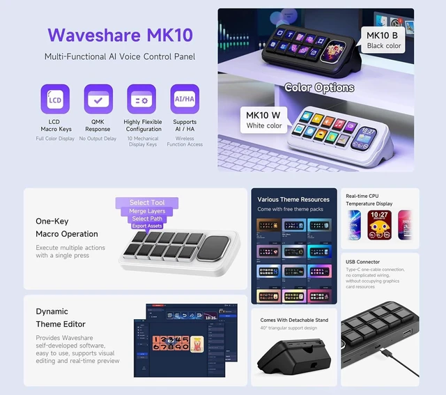 Alt view image 2 of 7 - MK10 Multi-Functional AI Voice Control Panel, Onboard 10x0.85inch Mechanical LCD Macro Keys and 2.01inch Secondary Screen, Linux + QMK Dual-System, Support AI Speech recognition & Interaction, Black