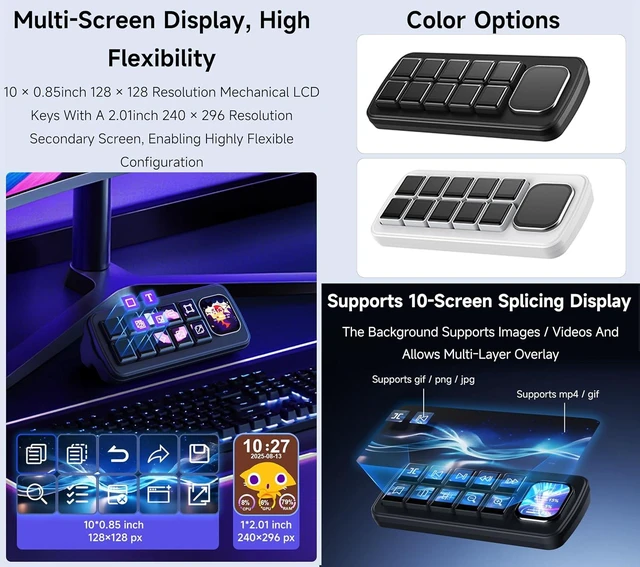 Alt view image 3 of 7 - MK10 Multi-Functional AI Voice Control Panel, Onboard 10x0.85inch Mechanical LCD Macro Keys and 2.01inch Secondary Screen, Linux + QMK Dual-System, Support AI Speech recognition & Interaction, Black
