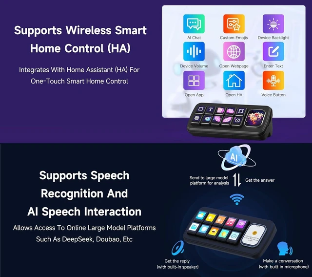 Alt view image 4 of 7 - MK10 Multi-Functional AI Voice Control Panel, Onboard 10x0.85inch Mechanical LCD Macro Keys and 2.01inch Secondary Screen, Linux + QMK Dual-System, Support AI Speech recognition & Interaction, Black