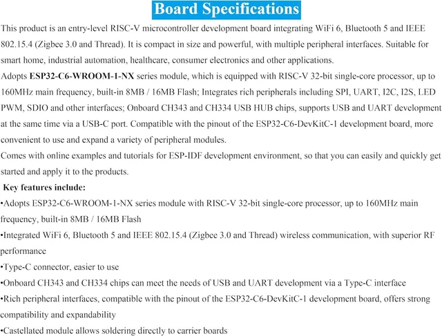 Alt view image 3 of 7 - ESP32-C6 Microcontroller, WiFi 6 Development Board, 160MHz Single-Core Processor, ESP32-C6-WROOM-1-NX Series Module, Supports USB and UART Development, 16MB Flash, with Pre-Soldered Header