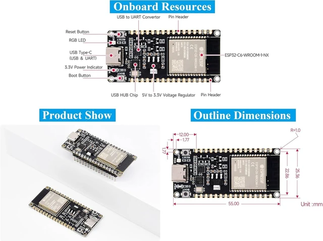 Alt view image 6 of 7 - ESP32-C6 Microcontroller, WiFi 6 Development Board, 160MHz Single-Core Processor, ESP32-C6-WROOM-1-NX Series Module, Supports USB and UART Development, 16MB Flash, with Pre-Soldered Header