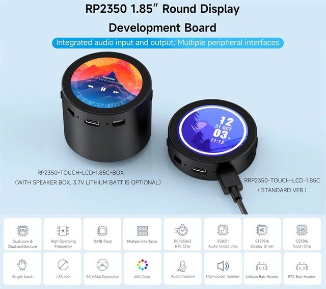 Alt view image 3 of 7 - RP2350 1.85inch Round LCD Development Board, 360×360, 65K Color, Dual-Core and Dual-Architecture Design, Onboard Audio Codec Chip (with Speaker Box Without Batt)