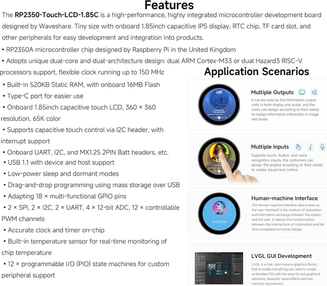 Alt view image 4 of 7 - RP2350 1.85inch Round LCD Development Board, 360×360, 65K Color, Dual-Core and Dual-Architecture Design, Onboard Audio Codec Chip (with Speaker Box Without Batt)