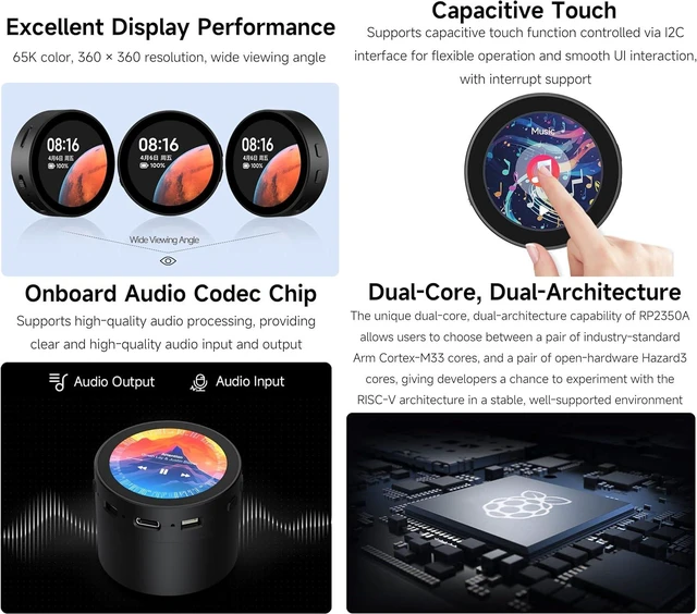 Alt view image 5 of 7 - RP2350 1.85inch Round LCD Development Board, 360×360, 65K Color, Dual-Core and Dual-Architecture Design, Onboard Audio Codec Chip (with Speaker Box Without Batt)