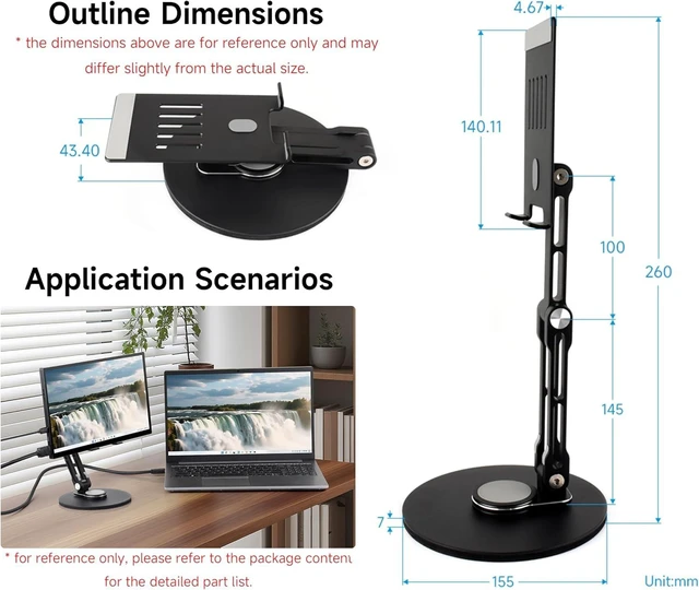 Alt view image 6 of 7 - Portable Monitor Adjustable Stand, Compatible with 4~18.5inch Monitors, Supports Multi-axis Rotation, Weighted Base and Ergonomic Design, Foldable For Easy Storage