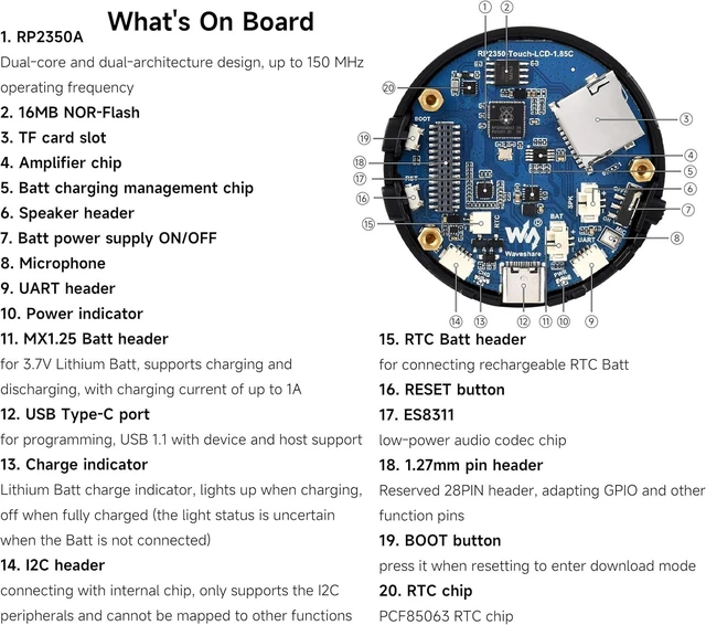 Alt view image 7 of 7 - RP2350 1.85inch Round LCD Development Board, 360×360, 65K Color, Dual-Core and Dual-Architecture Design, Onboard Audio Codec Chip (with Speaker Box Without Batt)