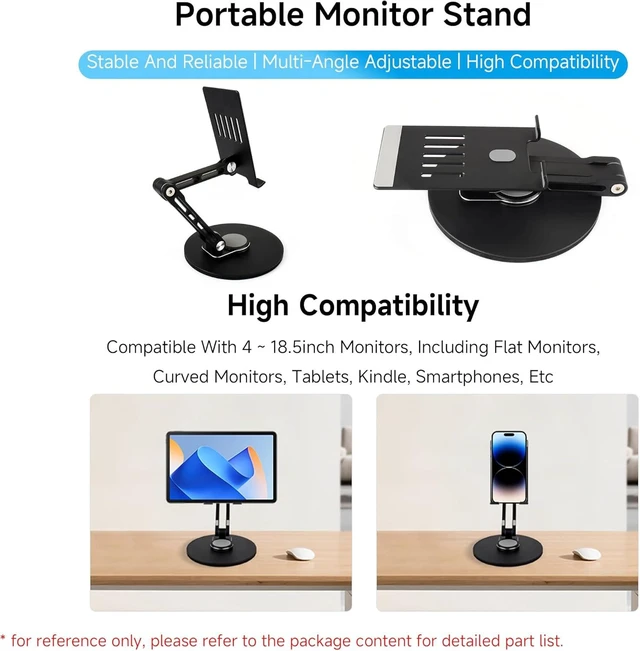 Alt view image 2 of 7 - Portable Monitor Adjustable Stand, Compatible with 4~18.5inch Monitors, Supports Multi-axis Rotation, Weighted Base and Ergonomic Design, Foldable For Easy Storage