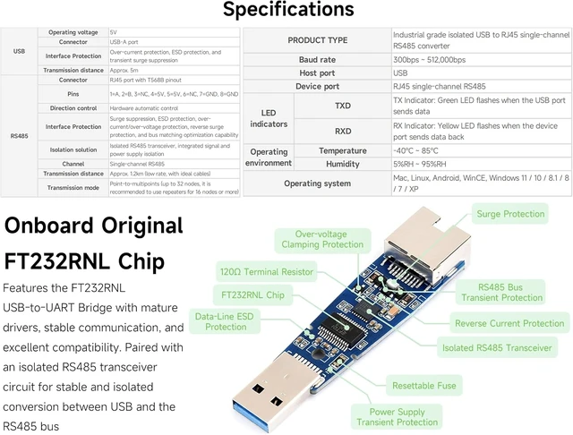 Alt view image 5 of 7 - USB to RS485 Industrial-Grade Isolated Converter, with FT232RNL Stable Chip
