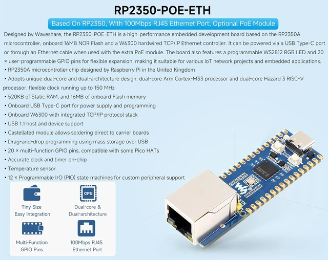 Alt view image 2 of 7 - RP2350-POE-ETH Development Board, Standard Version, No PoE Module